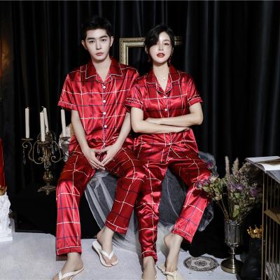 China Thermal Hot Sale Plaid Couple Pajamas Sets Lovers Silk Winter Long Sleeve Satin Home Wear Suits for sale