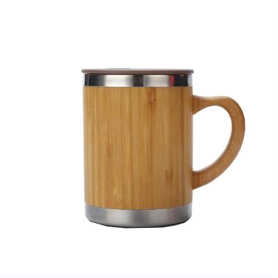 China Sustainable Bamboo Body 400ml Double Wall Tumbler Stainless Steel Thermos Mug With Plastic Lid for sale