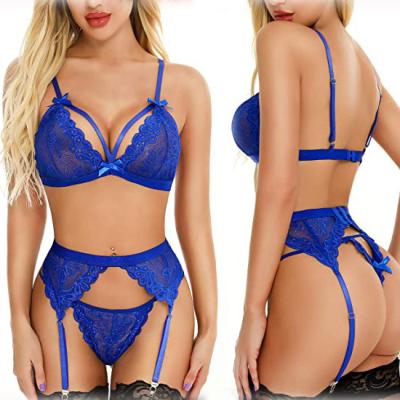 China Sexy clothing perspective lingerie sexy eyelashes lace up tight sexy pajamas bra panties garter set sexy lingerie for sale