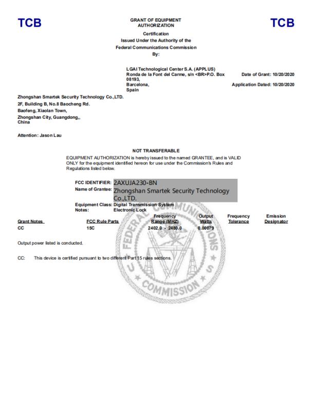 FCC - Zhongshan Smartek Security Technology Co., Ltd.