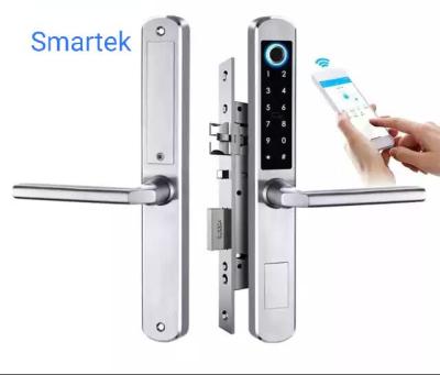 China 304 TTlock Waterproof Smartek Stainless Steel Sliding Door Biometric Fingerprint Keypad Lock App Lock For Narrow Aluminum Glass Door for sale