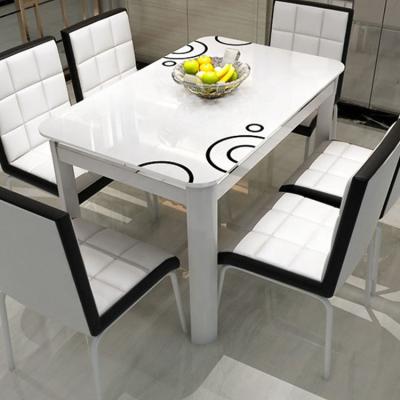 China Glass Dining Room Furniture Modern Design Glass Dining Tables 6 Set Chairs Metal Legs for sale