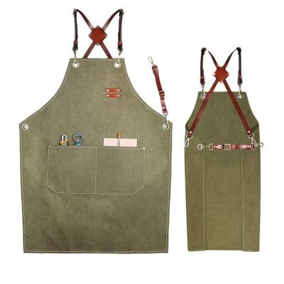 China Custom Made Unisex Comfortable Leather Strap Washed Cotton Canvas Washed Cotton Canvas Tool Work Food/Drink Back Cooking Cooking Chef Apron for sale