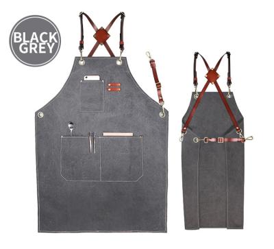 China Gray Canvas Apron Plastic Adjustable Drinks/Food Cafe Apron With Leather Straps Bartender Apron for sale