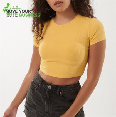 China Breathable OEM Customized Rib Fabric Stretchy Crop Top Good Quality Women Short Sleeve Shirt for sale