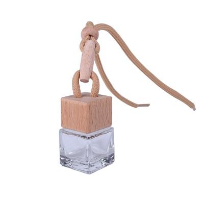 China Perfume Bottle New Square Shape Car Hanging Cotton Glass Auto Wooden Rope Lid Bottle Fragrance Perfume Bottle for sale