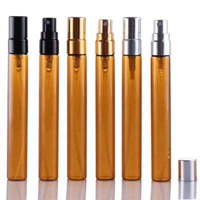 China Personal Care 10ml Perfume Tea Glass Tube Spray Aluminum Perfume Bottle Brown Portable Travel Spray Empty Bottle for sale