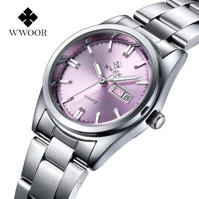 China Wholesale OEM custom wwoor 8804 belt day/date quartz ladies watch alloy case rose dial steel blue white waterproof fashion female watches for sale