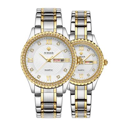 China Fashion diamond steel diamond table couples day/date belt watch WR-8856M/L waterproof men and women watch OEM wholesale custom for sale