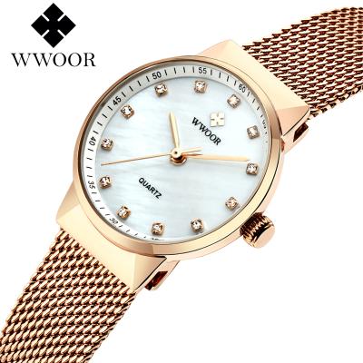 China Hot Sale WWOOR 8825 Non-Specific Luxury Brand Stainless Steel Quartz Analog Women Watch Fashion Rose Gold Lady Watch for sale