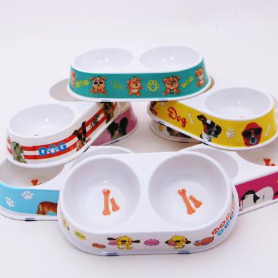 China Viable new style colorful melamine printed around double bowl double dog pet feeder plastic pet food bowl for sale