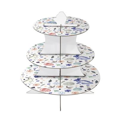 China Hot Sale 3 Tier Flower Pattern Cake Stand White Cardboard Cupcake Stand for sale