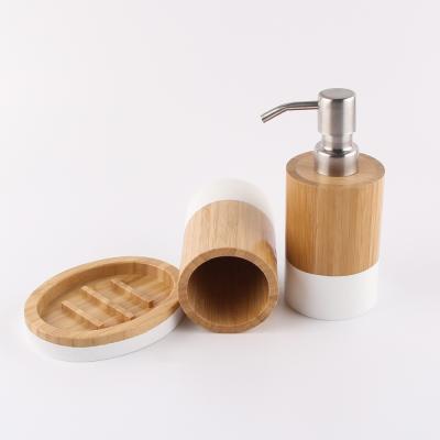 China Sustainable Bamboo Bathroom Set Wholesale Customized Durable Luxury Soap Dish Dispenser 3pcs Bathroom Accessories Set For Home Hotel for sale