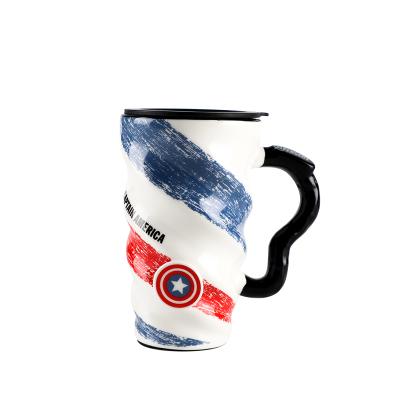 China Viable Wholesale Sublimation Mug 400ml Ceramic Mugs With Avenger Logo Water Mugs With Dust Proof Plastic Lid for sale