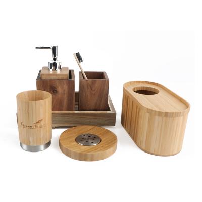 China Sustainable Bathroom Accessories 6pc Bamboo Bathroom Set Vanity Accessories Set for sale