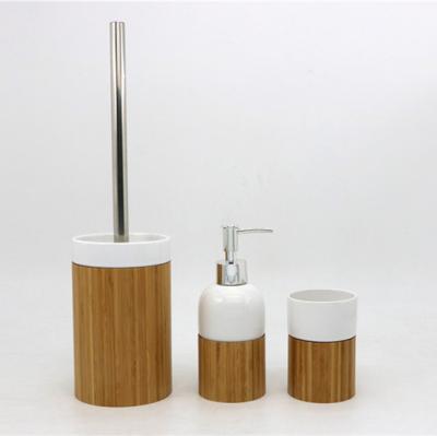 China High Quality Viable Popular Design 3pcs Bamboo Bathroom Accessories Set Toothbrush Holder Toilet Brush Soap Dish Trash Bin for sale