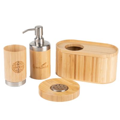 China Sustainable ECO New Design 4 Piece Set Collection Stylish Bamboo Wood Bathroom Accessories Sets for sale