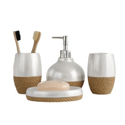 China Hot Selling Sustainable 4 Pieces Cheap Plastic Bathroom Set Glass Bamboo Ceramic Bath Accessories Set For Home Hotel for sale