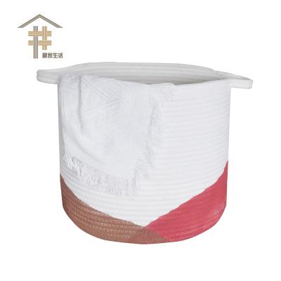 China Viable wholesale custom logo round large woven basket with handles collapsible laundry, toys and cotton rope storage baskets covering box&bin for sale