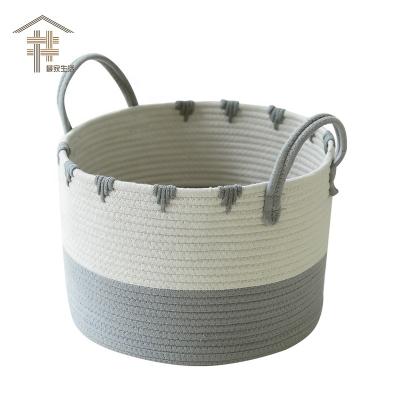 China Viable Wholesale Custom Logo Round Large Woven Basket With Handles Collapsible Crib Laundry, Toy And Cotton Rope Covering Storage Baskets for sale