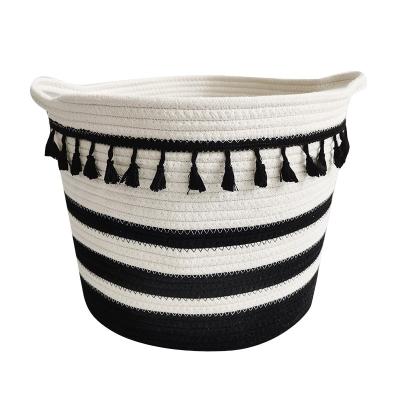 China Sustainable Custom Woven Round Shape Lightweight Black And White Collapsible Folding Laundry Hamper Cotton Rope Storage Basket Laundry Hamper for sale