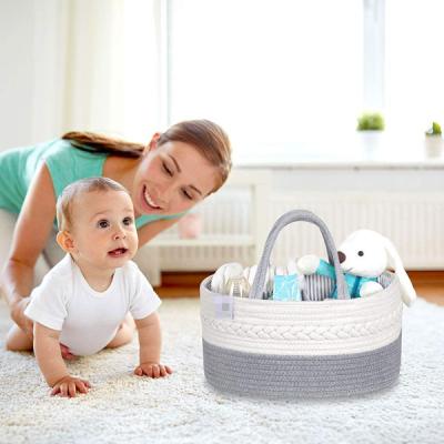 China Foldable Nursery Organizer Storage Bin Box Cotton Rope Baby Diaper Cart Laundry Basket For Kids With Divider for sale