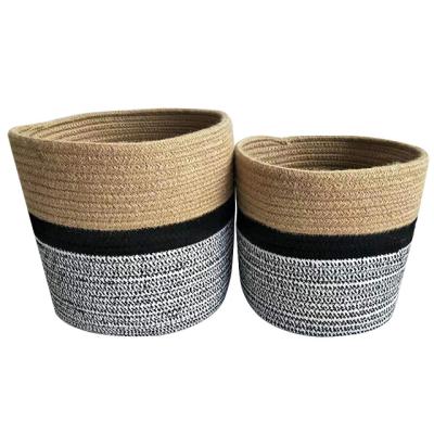 China Sustainable Wholesale Round Woven Cotton Rope Storage Basket Jute Handles Baskets for sale