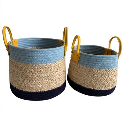 China Sustainable Multifunctional Cotton Rope Straw Woven Basket Storage With PU Handle for sale