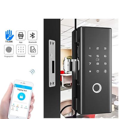 China TTlock Zinc Alloy Tuya No Glass Holes To Wall Sliding Door Lock Smart Fingerprint Glass Door Lock for sale