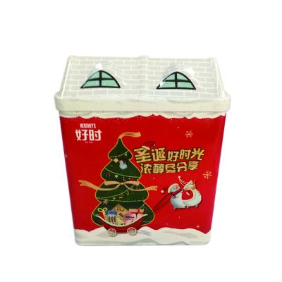 China Recycled Materials Christmas Milk Chocolate Gift Packing Empty Tin Box Christmas Home Shaped Tin Tinplate Christmas Cookies Packing Box for sale