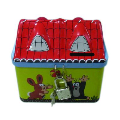 China Lovely Recycled Materials Cartoon Embossing 3D House Save Money And Chocolate Candy Tin Box With Lock And Key for sale