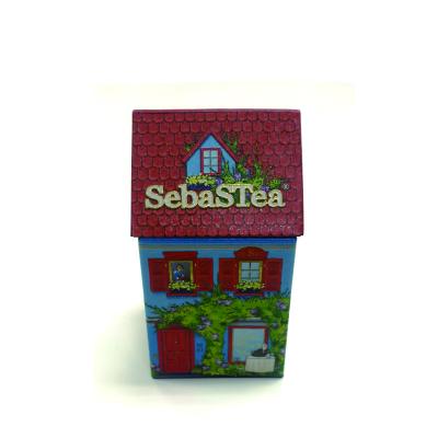 China House Tin Box Christmas Creative Building Home Shaped Tea Packing Empty Tin Case With Slot Varnish Metal House Shape Tea Tin Box for sale