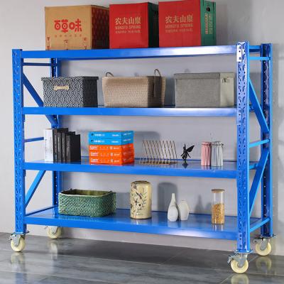 China Heavy Duty Metal Corrosion Protection Blue 4 Tier Adjustable Warehouse Storage Shelf Rack With Wheels for sale