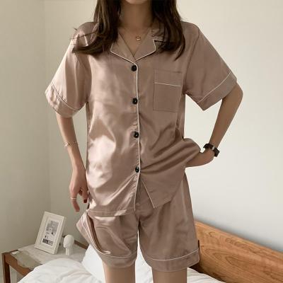 China QUICK DRY Women's Pajamas Shorts Short Sleeve Ice Silk Lapel Solid Color Home Service Nightgown Sleepwear Nightys Wear for sale