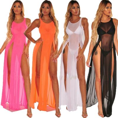 China Factory Summer Breathable Bikini Cover Up Sunbathing Beach Wear Mesh Sheer Sexy Women Slip Split Dress Long Summer Swimwear for sale