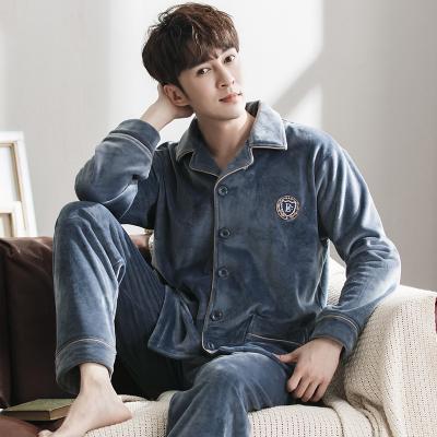 China High Quality Men's Breathable Flannel Button Pajamas Plus Velvet Warm And Comfortable Long Sleeves Autumn And Winter Home Set for sale