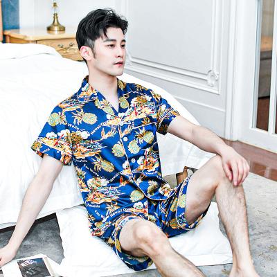 China Designer Luxury QUICK DRY Printed Custom Mens Sleepwear Summer Woven Pajamas Set Satin Silk Pajamas For Men for sale