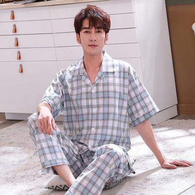 China QUICK DRY Casual Plaid Lounge Wear With Cardigan Woven Cotton Shorts Sleeve Sleepwear Plus Size For Man for sale