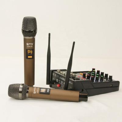 China Headphone Microphone 4 Channels Mini Mixer with 2 UHF Handheld Wireless Microphones for Karaoke and Stage Concert for sale