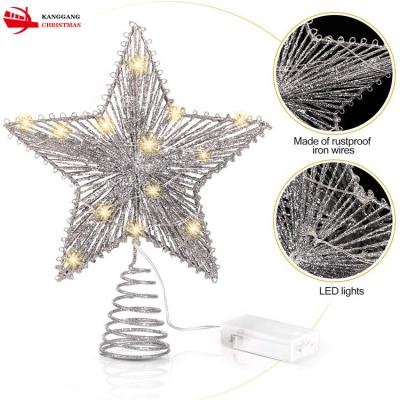 China Custom Christmas Home Decoration KangGang Gold Glitter Prelit Christmas Decoration Led Christmas Stars Battery Operated Christmas Tree Topper With Light for sale