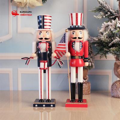 China Festival Stuff 38cm American Flag Tambourine Design Nutcracker Soldier Dolls Home Decoration Ornaments Christmas Wooden Nutcracker for sale