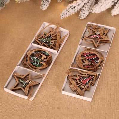 China In 2022 New 3D Reindeer 3D Christmas Decorations Kanggang Creative Hollow Stock Christmas Pendant 6-Piece Color Wooden Hanging Ornaments for sale