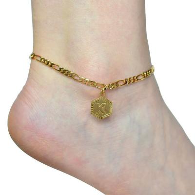 China /Sporty Casual Trendy 18K Gold Plated Anklet With Letter Charm Personality Cuban Link Chain Anklet for sale