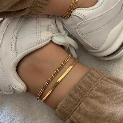 China Casual/Sporty Trendy 14k Gold Snake Chain Stainless Steel Flat Anklet And Cube Chain Set For Girls for sale