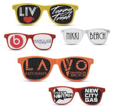 China Other cheap promotional pinhole sticker logo printed sunglasses custom plastic crazy party colored lenses for sale