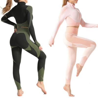 China Breathable Fitness and Yoga Wear Sport 3 Piece Suit Workout Clothes Long Sleeve Crop Top Leggings Seamless Gym Fitness Sets For Women for sale