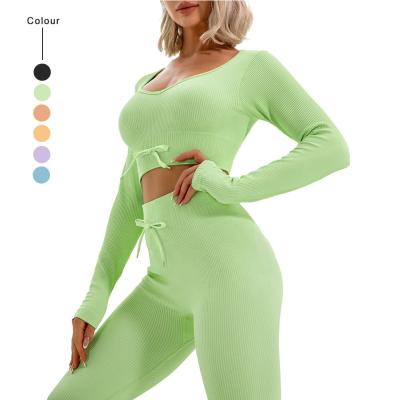 China Breathable Sportswear Ladies 2 Piece Set Women Sweat Suit Autumn Winter Fitness Active Wear Set Seamless Knitted Long Sleeve Yoga Set for sale