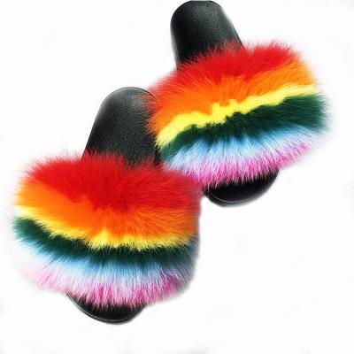 China Custom Anti-Smell Fox Fur Soft Sandals Slippers Custom Women Fashion Fur Slides for sale