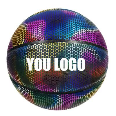 China Novelty Size 7 Glow In The Dark Custom Logo Holographic Glowing Reflective Basketball Luminous Basketball 5#6#7# Customized Basketball for sale