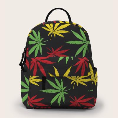 China New Arrival Waterproof Black Small School Bag Leaf Pattern Printing Green Red Yellow Backpack for sale